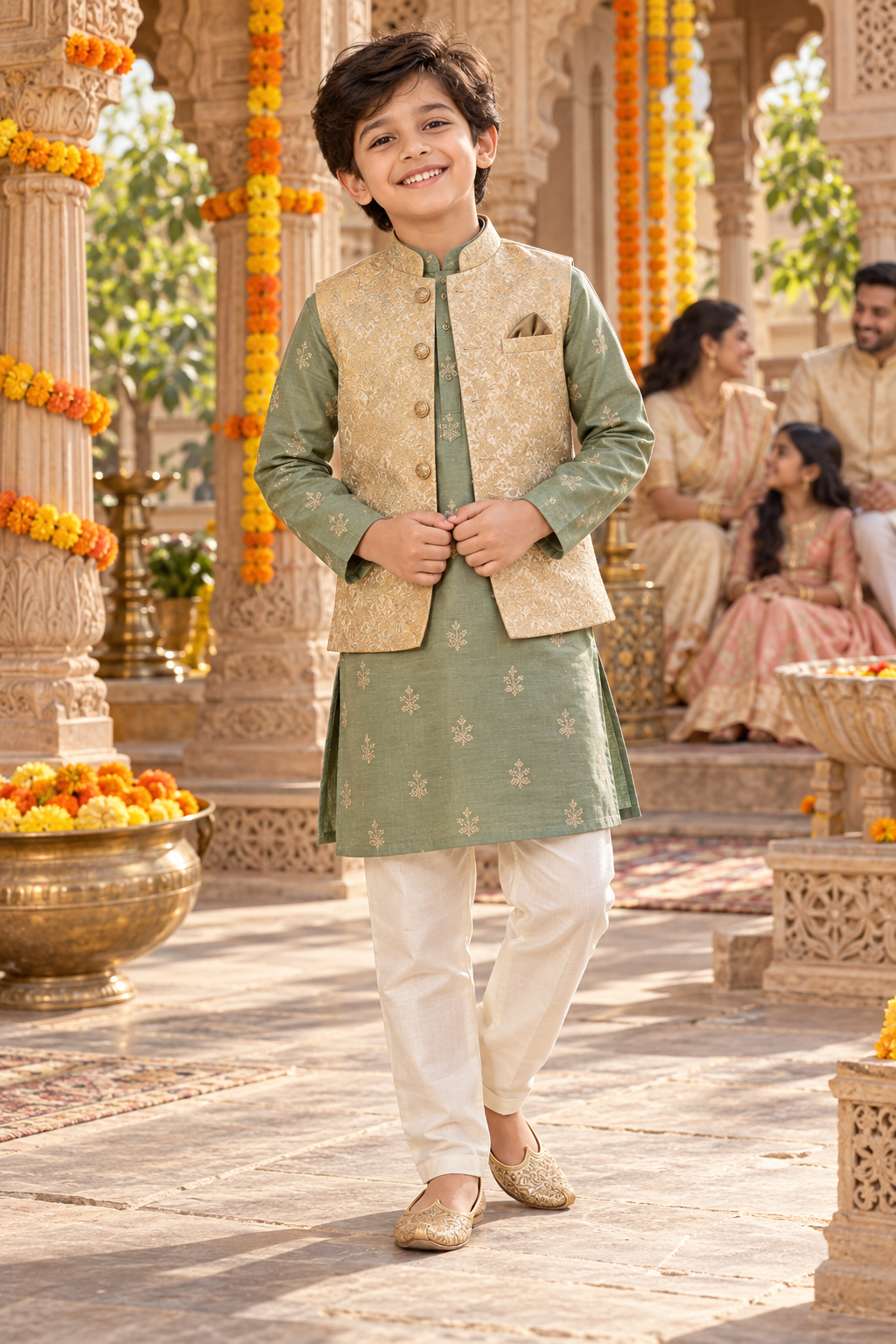 Sage kurta and gold waistcoat for children
