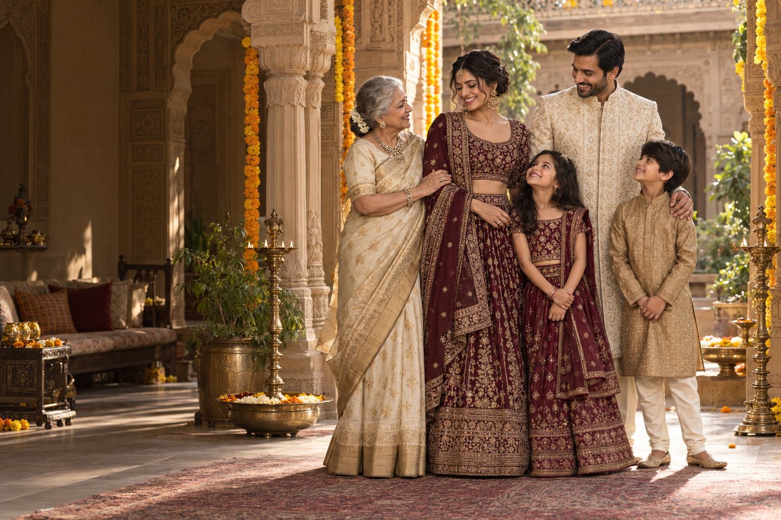 Three generations celebrating together in maroon, ivory and gold traditional wear