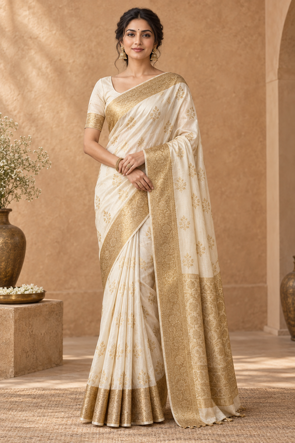 Ivory and gold saree with delicate traditional motifs